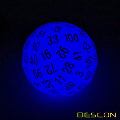Bescon Glow in Dark Polyhedral Dice 100 Sides, Luminous D100 die, 100 Sided Cube, D100 Game Dice, Glowing 100-Sided Cube - color: Glowing Dim Dark Blue D100