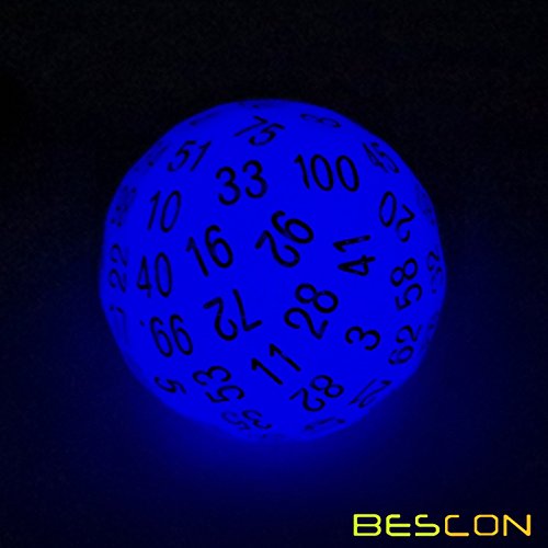 Bescon Glow in Dark Polyhedral Dice 100 Sides, Luminous D100 die, 100 Sided Cube, D100 Game Dice, Glowing 100-Sided Cube - color: Glowing Dim Dark Blue D100