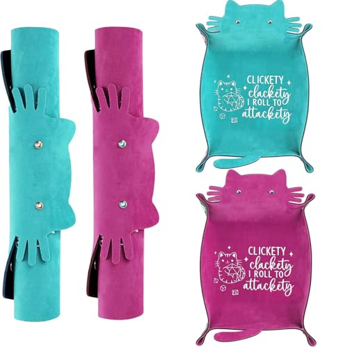 2Pcs Cat Dice Rolling Tray Novelty Folding Leather Dice Holder Portable Storage Accessories Decorative Desk Organizer Funny Gift for DND Game Players - color: Lightblue+purple