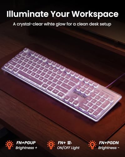 SEUNKWANG Wired Backlit Keyboard with Pudding Keycaps, Quiet Full Size Computer Keyboard White Backlight Easy-to-Read, Never Fade, Metal Panel, USB Cute Desk Setup for Windows PC Desktop, Purple - color: Purple