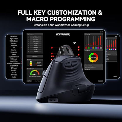 ECHTPower Ergonomic Vertical Mouse, Wireless Rechargeable Mouse with LED Display, 7-Level Adjustable DPI up to 8000, Silent & Programmable Buttons, Multi-Device Connection for PC/Mac/Laptop