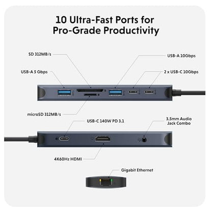 HyperDrive Next 10 Port USB C Hub for Mac, PC, and Chromebook with 4K60Hz HDMI, 2 USB-A, USB-C Hub 10Gbps 140W Power Delivery, SD & microSD Card Reader, Ethernet, 3.5mm Audio Ports - size: 10 Port USB-C Hub with 2x USB-A