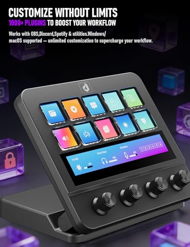 Stream Control Deck 10 Programmable Macro Keyboard 4 Knob Stream Controller 0-60° Adjustable LCD Macro Pad Wired Shortcut Keyboard for Streamers/Content Creators/Office Compatible with Windows /macOS - color: Black N4EK