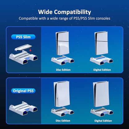 NexiGo PS5 / PS5 Slim Stand, Silent Cooling, Dual Controllers Charger for Playstation 5 Console, 3 Level Adjustable Fan Speed, PS5 / PS5 Slim Accessories, Headset and Remote Holder, White
