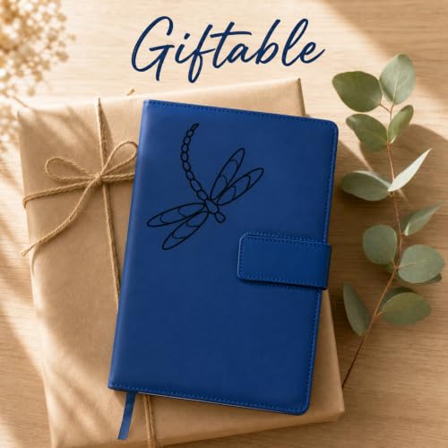 The Amazing Office Dragonfly Refillable Journal, Blue Faux Leather, 200 Lined Pages, 5.75x8.5 Inch Notebook with Magnetic Clasp and Pen Holder, Writing Diary for Women and Men - color: Dragonfly Blue