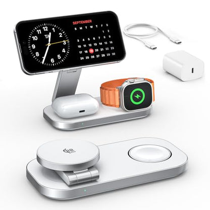 3-in-1 Charging Station for Apple Device, Qi2 25W Certified Magnetic Wireless Foldable Fast Charger Stand Compatible with MagSafe for iPhone 17e/17/16/15/14/13/12/Air Series, Apple Watch & AirPods - color: White+Silver