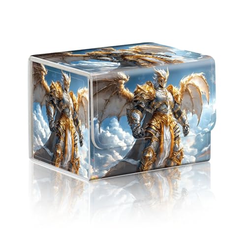 Trading Card Storage Box, Holds 100+ for MTG Cards, PU Leather with Magnetic Closure, Golden Winged Knight in Sky Fantasy Durable Deck Box for Magic the Gathering, Trading Card Games - color: Golden Winged Knight in Sky Fantasy