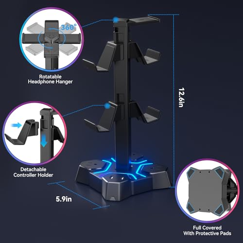 KDD Headphone Stand with USB Charger, Controller Stand for Desk, Headphone Holder with 2 USB Charging Ports and 3 AC Outlets, Accessories for Desktop(Black)