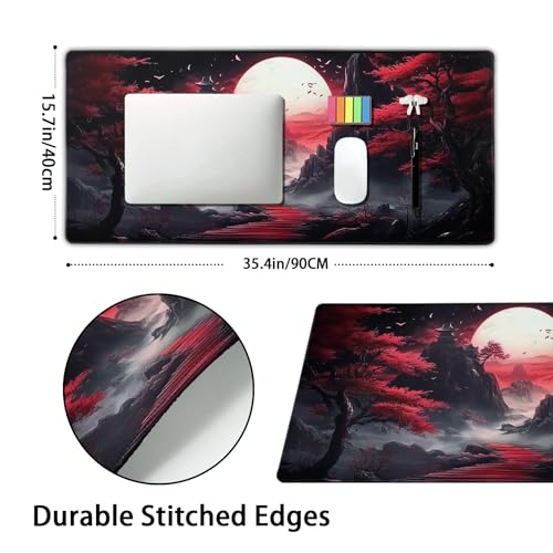 Black Red Japanese Mouse Pad XXL Moon Sakura Cherry BLoosm Tree Extended Table Mat 90X40 cm Non-Slip Rubber Base Stitched Edge Large Mousepad for Gaming Laptop Computer Desk Top 35.4×15.7 Inch - color: Black Red Japanese-a, size: 35.4 x 15.7 inches