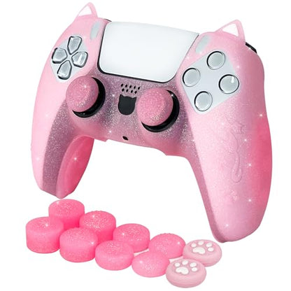 Pink Cat Glitter Anti-Slip Protective Silicone Cover Skin Grips Compatible with PS5/Slim/Pro Controller,8 PCS Glitter Thumb Grips Caps and 2 Paw Grips Caps. (Cat Pink) - color: Cat Pink