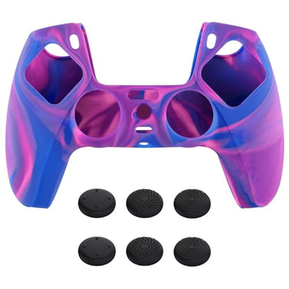 PlayVital Tri-Color Pink & Purple & Blue Camouflage Anti-Slip Silicone Cover Skin for ps5 Controller, Soft Rubber Case for PS5 Wireless Controller with Black Thumb Grip Caps - color: Pink Purple Blue