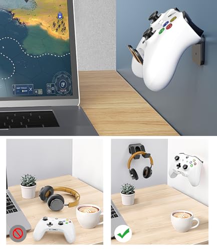 4PCS Controller Holder Wall Mount Headset Holder by Adhesive Screw | Controller mount headset stand for xbox series x/s, ps5, ps4, pc gaming stuff accessories with stable 3m adhesive - color: Black (4 Pack)