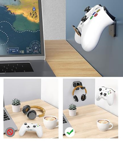 4PCS Controller Holder Wall Mount Headset Holder by Adhesive Screw | Controller mount headset stand for xbox series x/s, ps5, ps4, pc gaming stuff accessories with stable 3m adhesive - color: Black (4 Pack)
