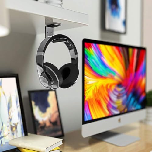 2 Pcs Black Headphone Stand Hanger Holder, Under Desk Aluminum Alloy Headset Stand with Fit for Gaming PC Accessories, Under Clamp Hook Mount Suitable for Controller, Office, Computer