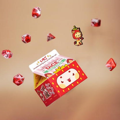 1985 Games Strawberry Kawaii Cat Dice Set – Milk Carton-Inspired Dice for DND | TTRPGs & Tabletop Roleplaying - color: Strawberry