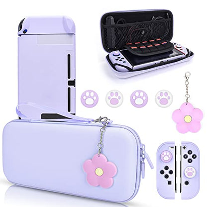 DLseego Switch Case Set Carrying Case with 10 Slots Cute Protective Dockable Hard Shell with 4PCS Glitter Cat Paw Thumb Grips Caps and 1PC Flower Blossom Chain For Switch 2017 (Purple) - color: Purple, size: Switch 1 6.3inch