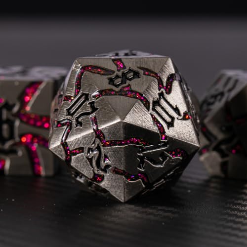 Cracked Rune Metal Dice Set for DND & RPG – Dark Fantasy Fractured Design, Premium Heavy Metal Polyhedral Dice with Deep Engraved Numbers, 7-Piece Set – Red Infernal Vein - color: Antique Silver Rose Red
