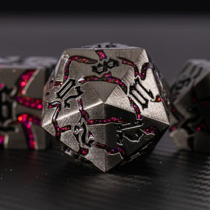 Cracked Rune Metal Dice Set for DND & RPG – Dark Fantasy Fractured Design, Premium Heavy Metal Polyhedral Dice with Deep Engraved Numbers, 7-Piece Set – Red Infernal Vein - color: Antique Silver Rose Red