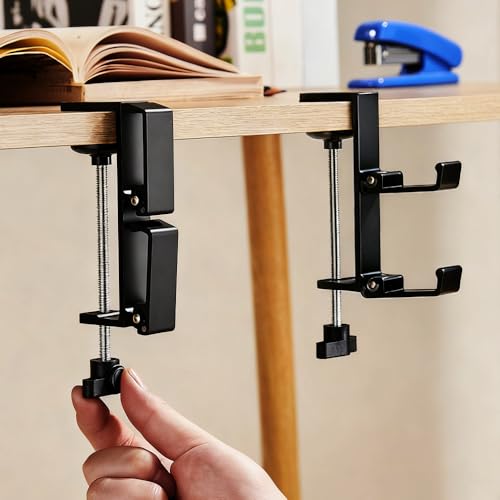 Headphone Stand for Desk Aluminum Alloy Headset Stand with Dual Foldable Hooks Headphone Holder Clamp Mount for Gaming PC Accessories Universal Space-Saving Under Table Headset Hangers - color: black 2