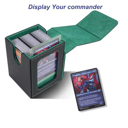 AFIING MTG Deck Box for Commander Display,Card Deck case Fits 100 Double Sleeved Cards,Magic Commander TCG Card Storage Box with 2 Dividers,Dice Bag and Toploader Black Green - color: Commander Black Green