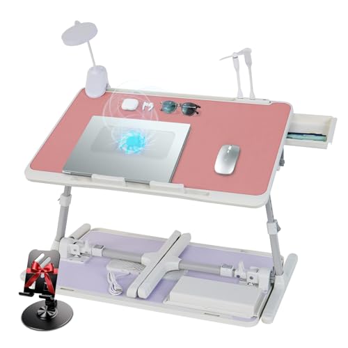 Adjustable Laptop Lap Desk with Cooling Fan USB Light for Adults 60x40cm,Pink - color: Pink+holder,60x40cm