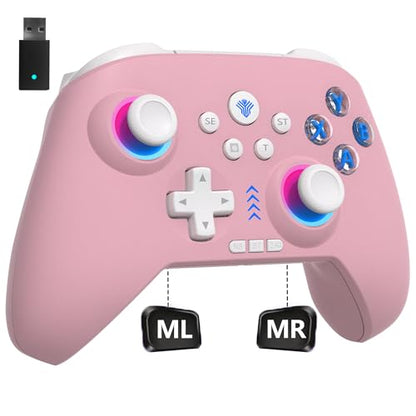 YUYIU Wireless Gaming Controller for PC, Switch, Steam Deck, Android, iOS | Bluetooth Controller with Hall Effect Joystick/RGB/1000Hz/Turbo/Macro/800mAh Battery/6-Axis Gyro/Vibration (Pink) - color: PINK