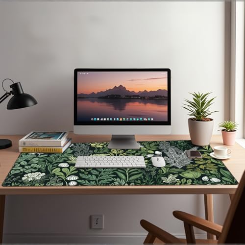 Baziabbo Green Desk Mat,XXL Extended Big Mouse Pad,Gaming Mousepad with Stitched Edge,Non-Slip Rubber Base Keyboard Desk Pad for Home Office Study Game - color: Ferns Flowers