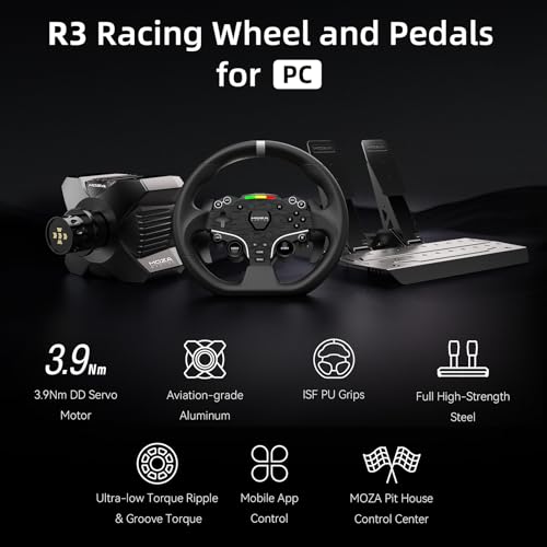 MOZA R3 Racing Simulator 4PCS Wheel & Pedals bundle for PC: R3 Direct Drive Base, ES Lite Steering Wheel, SR-P Lite Pedals and Table Clamp, Black