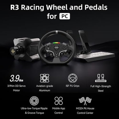 MOZA R3 Racing Simulator 4PCS Wheel & Pedals bundle for PC: R3 Direct Drive Base, ES Lite Steering Wheel, SR-P Lite Pedals and Table Clamp, Black