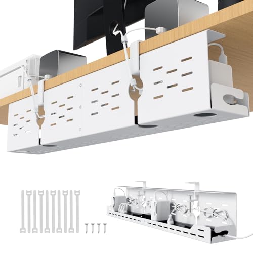 Univivi Under Desk Cable Management Tray, Cable Management, 32 inch, White | Durable Steel Material, Desk Cable Management with No-Drill C-Clamp and Screw Mount, Cord Management for Office/Home - color: White, size: 32"