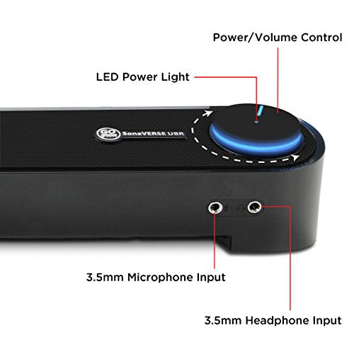 GOgroove Computer Speaker Mini Soundbar - USB Powered PC Sound Bar with Easy Setup Wired AUX, Stereo Audio, Microphone Port, Volume Control Knob, Under Monitor Design for Desktop (Blackout) - color: Blackout
