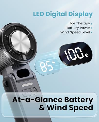 DIGIX Portable Handheld Turbo Fan with Ice Cooling, Rechargeable Personal Fan, Up to 15Hrs Cooling, 100 Speeds 25000RPM Powerful Portable Fan for Travel Outdoor,120° Adjustable, LED Display (Black)
