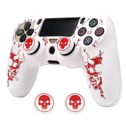 RALAN Horned Skull Head Design Controller Skin Cover with 2 Thumb Grips Compatible with PS4/Playstation 4 Slim/Pro Controller - color: Horned Skull White Red