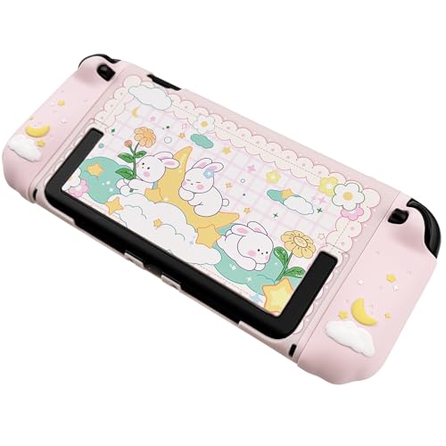 Protective Case for Nintendo Switch 2, Hard Back Shell + 2 Silicone Anti-Slip Controller Covers + 2 Joystick Caps, Rabbit and Flower Cover, Pink - color: Pink