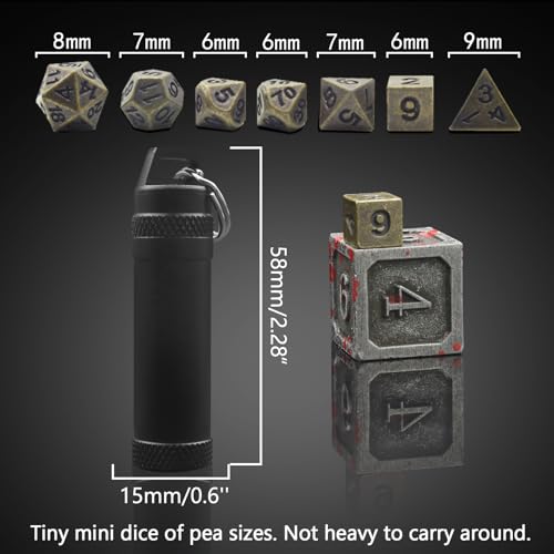 PJOY Mini Dice Set Portable Tiny Keychain DND Dice with D&D Dice Case 7PCS Antique Bronze Small Metal Dice Set for Role Playing Dice Games Compatible with Dungeons and Dragons Gifts - color: Bronze