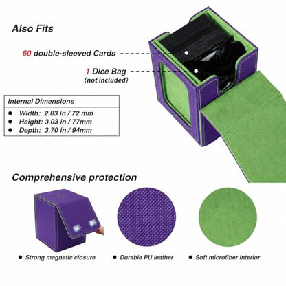 MTG Deck Box with Commander Display Window (Purple&Green, 1 window) | Holds 120 Single/100 Double-Sleeved Cards, Fit MTG/PTCG/OPTCG Cards, Strong Magnet, PU Leather, With 2 Dividers & 1 Toploader - color: Purple and Green
