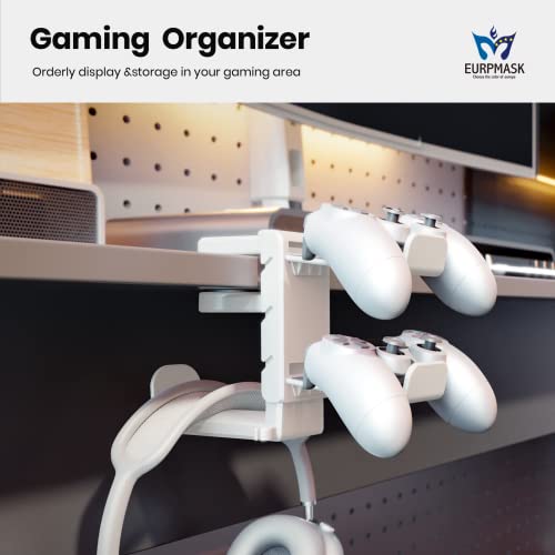 3-in-1 Headset&Controller Holder - EURPMASK Upgraded PC Gaming Headset Stand, Adjustable Clamp-on Headphone Holder,Headphone Controller Hook Under Desk w/ 360 Degree Swivel&Cable Clip Organizer-White - color: White Pro