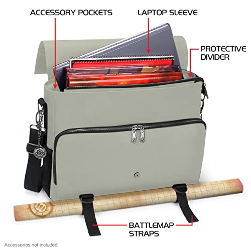 ENHANCE Collector's Edition RPG Player's Essentials DnD Bag - Dragon Hide Exterior Messenger Bag Fits 2-4 Books, Binders, Dice & Accessories, with 17 inch Laptop Slot, Battlemap Straps (Dragon Silver) - color: Dragon Silver
