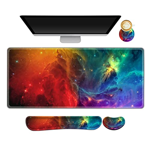 ARTSO Extended Gaming Mouse Pad Set, Keyboard Wrist Rest Support Pad + Wrist Cushion + XXL Large Mouse Pad + Coaster, Stitched Edge, Non-Slip, Memory Foam Desk Mat, Color Nebula Galaxy - color: Color Nebula Galaxy