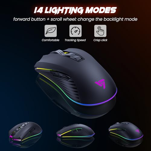 Wireless Gaming Keyboard and Mouse Combo, Metal Panel, 7 Color Backlits, Rechargeable 3200 mAh Battery, Wrist Rest, Sleep Mode, Light Up Keyboard + 7D 3200DPI Gaming Mice for PC Gamer | 7 Color Backlits, Rechargeable 3200 mAh Battery/Wrist Rest/Sleep Mode