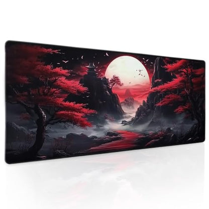 Black Red Japanese Mouse Pad XL Moon Sakura Cherry BLoosm Tree Extended Table Mat 80X30 cm Non-Slip Rubber Base Stitched Edge Large XL Mousepad for Desk Gaming Laptop Desk Top,31.5×11.8 Inch - color: Black Red Japanese-a, size: 31.5 x 11.8 inches