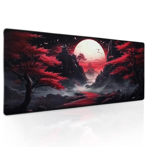 Black Red Japanese Mouse Pad XL Moon Sakura Cherry BLoosm Tree Extended Table Mat 80X30 cm Non-Slip Rubber Base Stitched Edge Large XL Mousepad for Desk Gaming Laptop Desk Top,31.5×11.8 Inch - color: Black Red Japanese-a, size: 31.5 x 11.8 inches