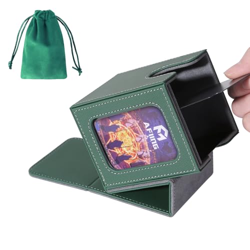 AFIING MTG Deck Box for Commander Display,Card Deck Box Fits 100 Double Sleeved Cards, Magic Commander TCG Card Storage case with 2 Dividers,Dice Bag and 1 Toploader(Green/Grey) - color: Commander Green Grey