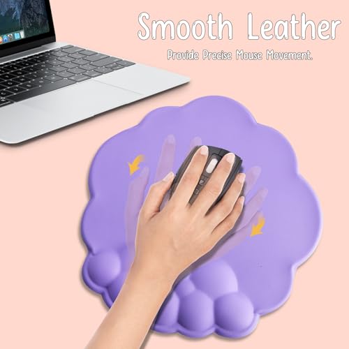 Mouse Pad Wrist Support, Cloud Mousepad with Memory Foam Wrist Rest, Non-Slip PU Base Gaming Leather Surface Mouse Pad for Home Office Laptop, Purple - color: Purple