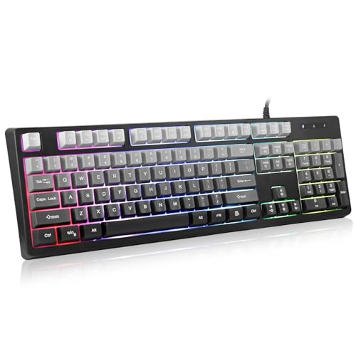 HUO JI Wired Gaming Keyboard with RGB LED Backlit, Floating Keys, Membrane with Mechanical Feeling, Spill Resistant, Ergonomic for Xbox, PS Series, Desktop, Computer, PC, Gradient Gray - color: Grey