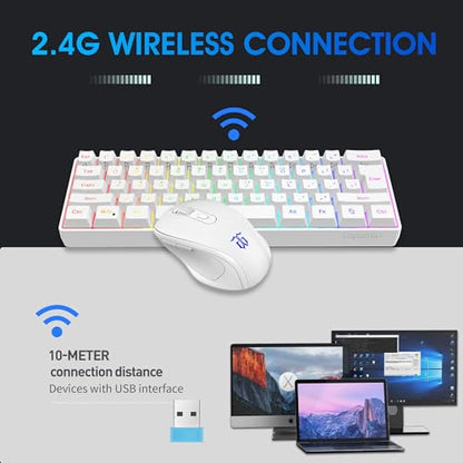 Snpurdiri 2.4G 60% Wireless Gaming Keyboard and Mouse Combo (White) | Include Small Wireless Gaming Keyboard, Ergonomic Design Mini Wireless Mouse - color: White Combo