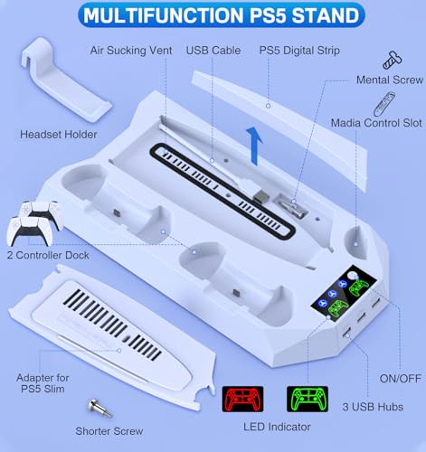PS5/Slim/Pro Cooling Station for PlayStation 5 Console Disc/Digital Edition - PS5 Slim Pro Cooling Stand with Controller Charging Station Accessories-Cooler Fan/Headset Holder/3 USB Hub, White - color: 1-White