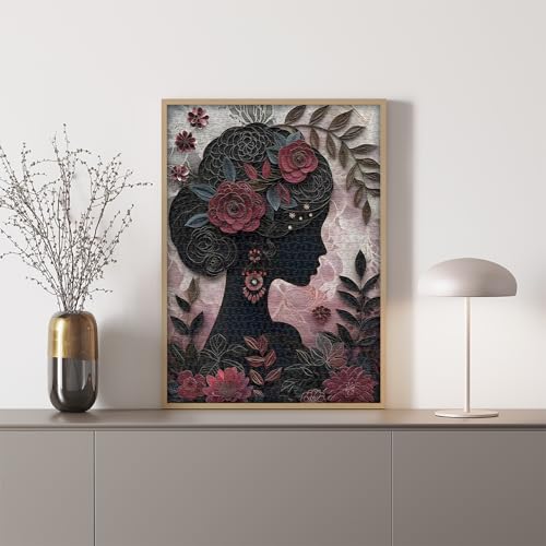 Impossible Puzzle for Adults 1000 Pieces, Black Girl Puzzles Flower Plant Aesthetic Art, Floral Elegant Black Woman Jigsaw Puzzle Paper Cut - style: Floral Silhouette Puzzle