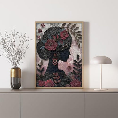 Impossible Puzzle for Adults 1000 Pieces, Black Girl Puzzles Flower Plant Aesthetic Art, Floral Elegant Black Woman Jigsaw Puzzle Paper Cut - style: Floral Silhouette Puzzle