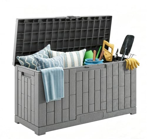 LAUSAINT HOME 60 Gallon Resin Deck Box, Package Delivery Box with Lockable Lid, Waterproof Outdoor Storage Box For Garden Tools, Patio Cushions(60 Gallon,Grey) - color: Grey, size: 60 Gallon